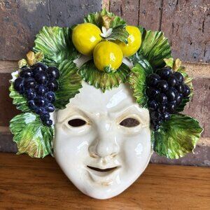 Capodimonte Italy Porcelain Bacchus Face Wall Mask Fruit Lemons Grapes  CHIPPED